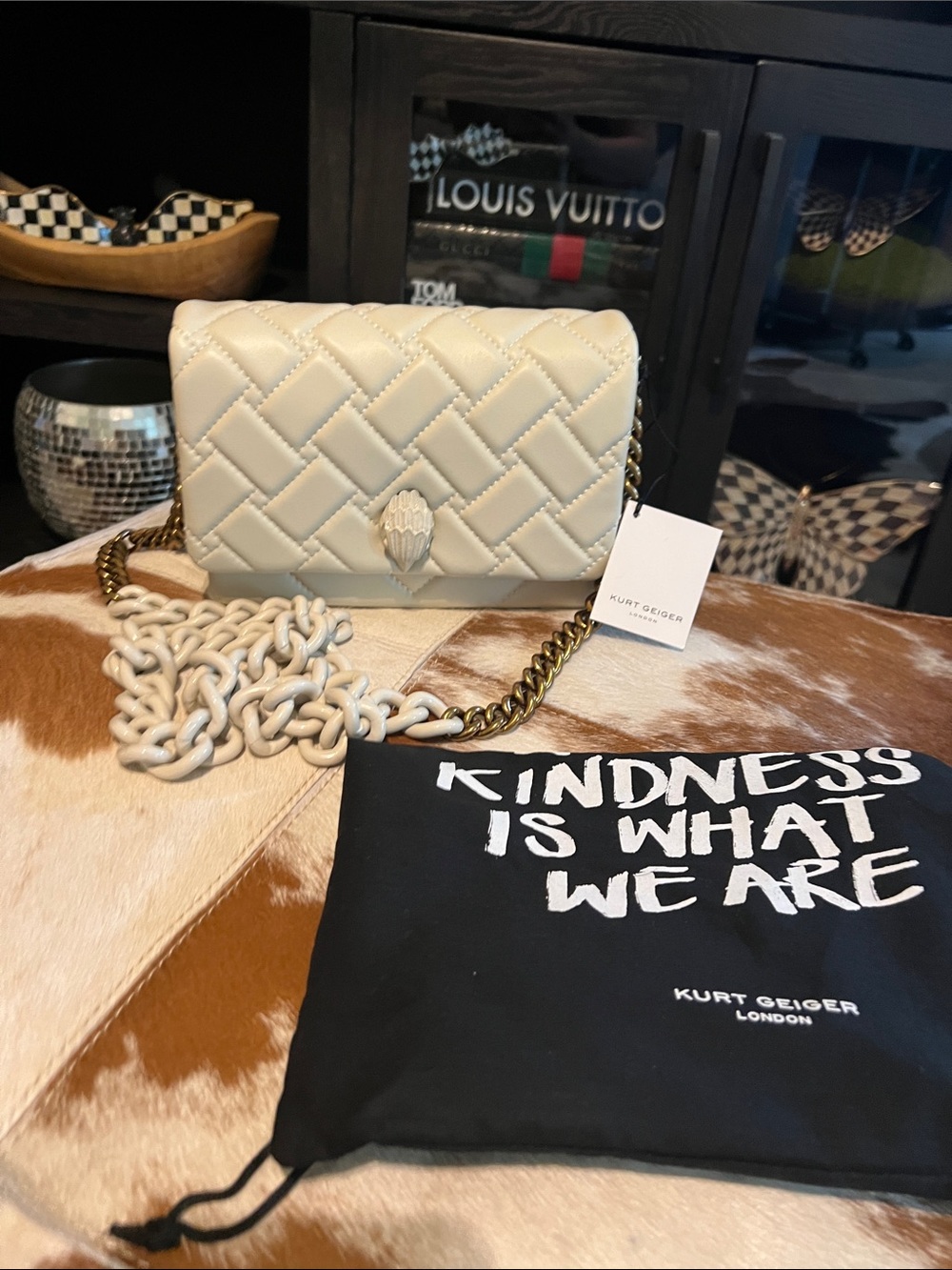 Kurt Geiger Cream Quilted Leather Chain Crossbody Bag